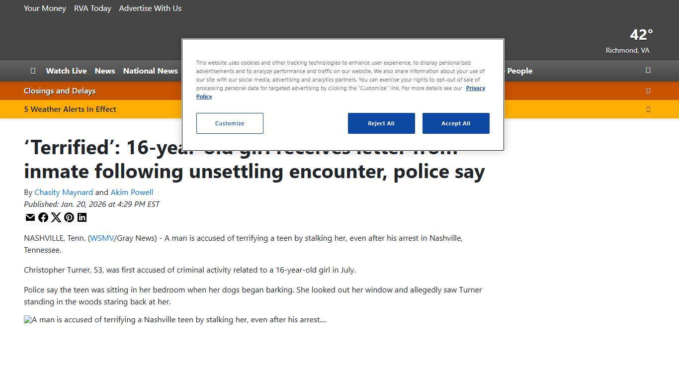 ‘Terrified’: 16-year-old girl receives letter from inmate following unsettling encounter, police say